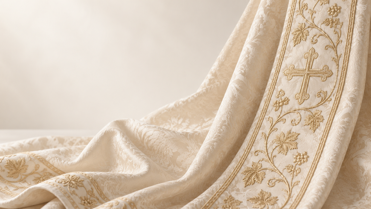 Ecru liturgical fabric with subtle gold cross embroidery