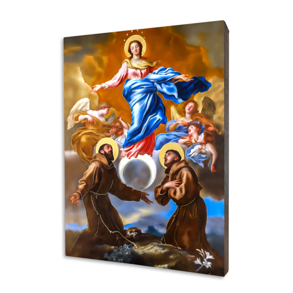 Icon of Our Lady of the Immaculate Conception with Saint Francis of Assisi and Saint Anthony of Padua on a gilded linden wood panel
