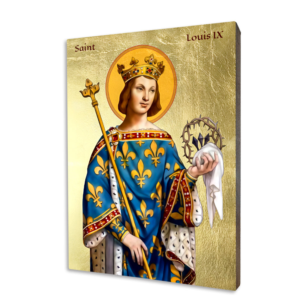 Icon of St Louis IX, King of France, on linden wood with a crown, sceptre, fleurs-de-lis and the Crown of Thorns