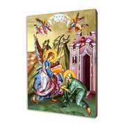 Icon of the Revelation of Saint John on Patmos with an angel presenting the Apostle with the Book of Revelation