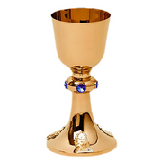 Mass Chalice Marian — nodus 5 dużych kamieni niebieskich, Three Cast Motifs on Base — liturgical chalice