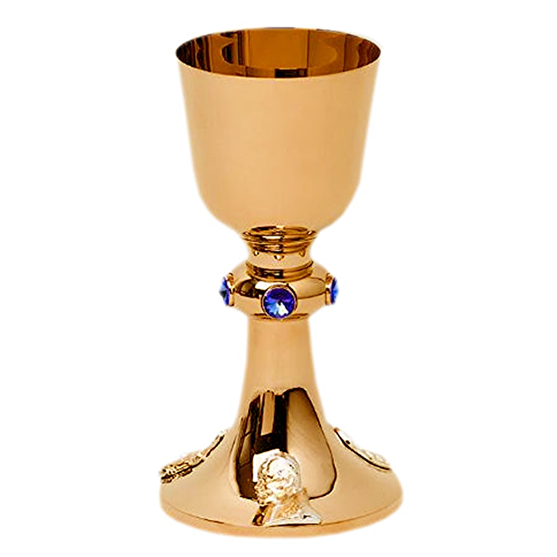 Mass Chalice Marian — nodus 5 dużych kamieni niebieskich, Three Cast Motifs on Base — liturgical chalice
