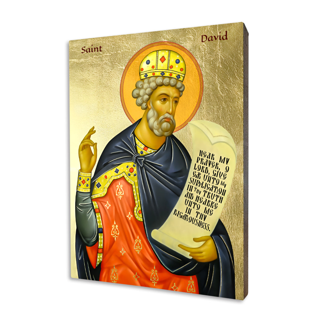 King David icon on linden wood showing the crowned biblical king holding a Psalm scroll against a gilded background