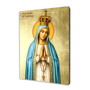 Religious icon of Our Lady of Fatima in a golden crown with a rosary, shimmering gold-leaf background, handcrafted on a solid linden wood board.