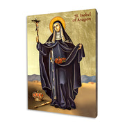Saint Isabel of Aragon icon showing the Queen of Portugal with a crucifix, roses, crown and scepter