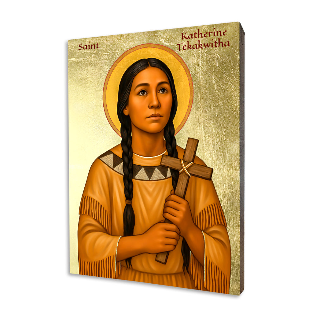 Religious icon of Saint Kateri Tekakwitha on a golden background, holding a wooden cross, handcrafted on a linden wood board with direct UV printing.