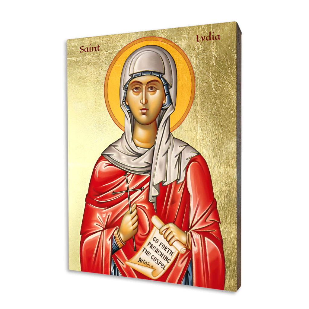 Saint Lydia of Thyatira icon showing the biblical saint holding a cross and Gospel scroll on gilded linden wood