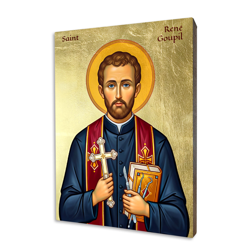 Religious icon of Saint René Goupil with a cross and medical instruments on a golden background, handcrafted on a solid linden wood board.