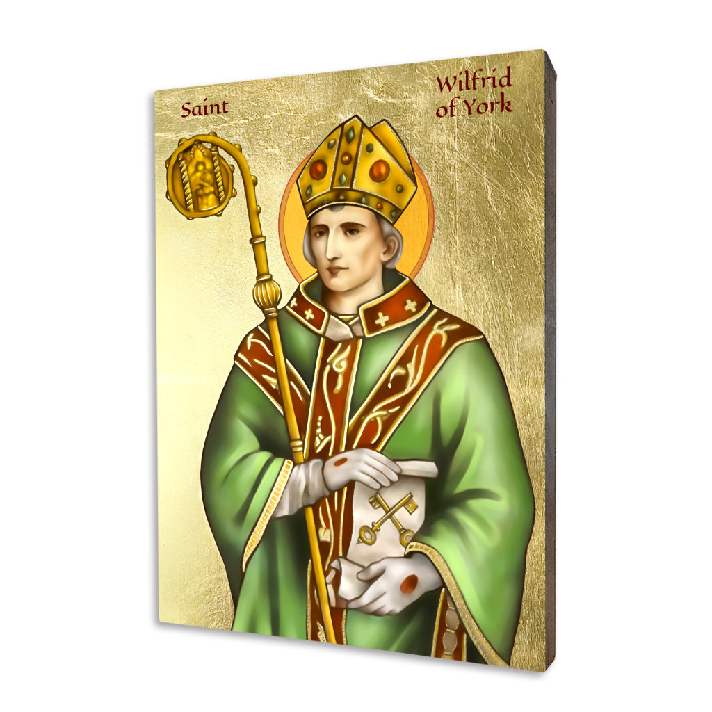 Saint Wilfrid of York icon showing the bishop with a mitre and crozier on a gilded linden wood panel