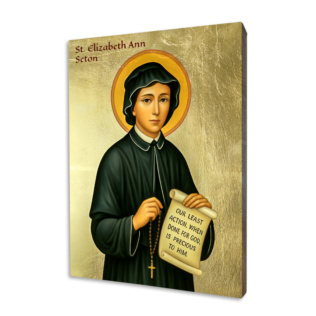 St Elizabeth Ann Seton icon on linden wood holding a rosary and quote scroll against a gilded background
