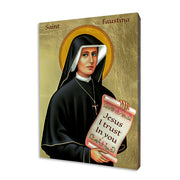 St Faustina Kowalska icon on linden wood holding a Jesus I Trust in You scroll against a gilded background