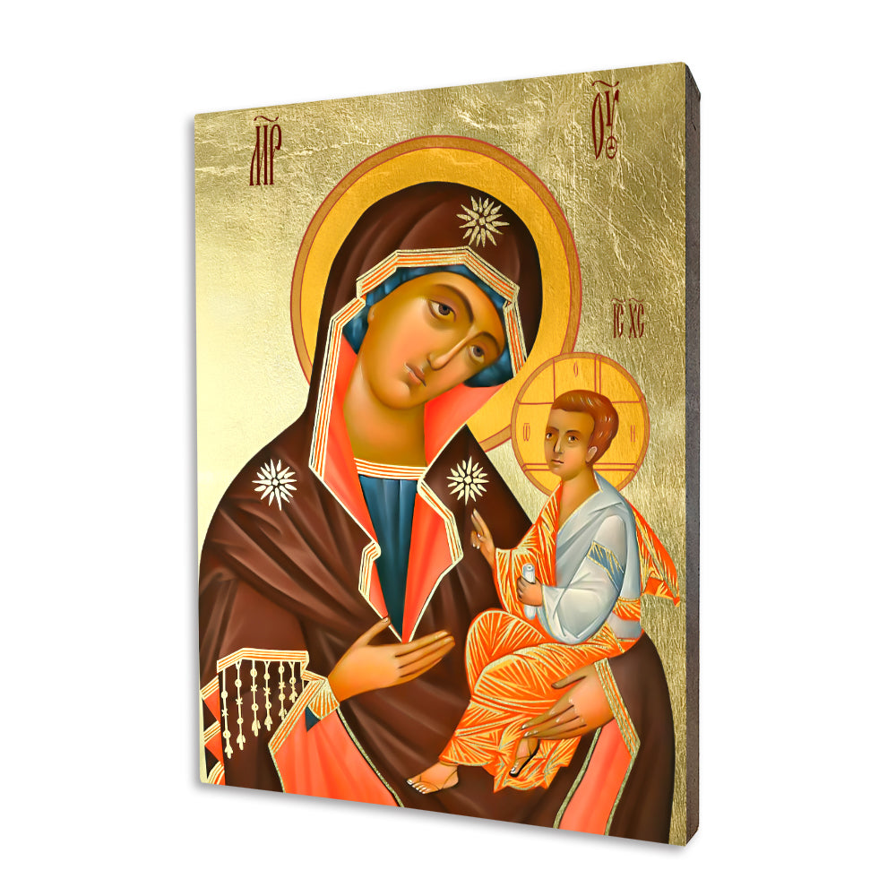 Georgian Mother of God religious icon on a hand-gilded wood panel