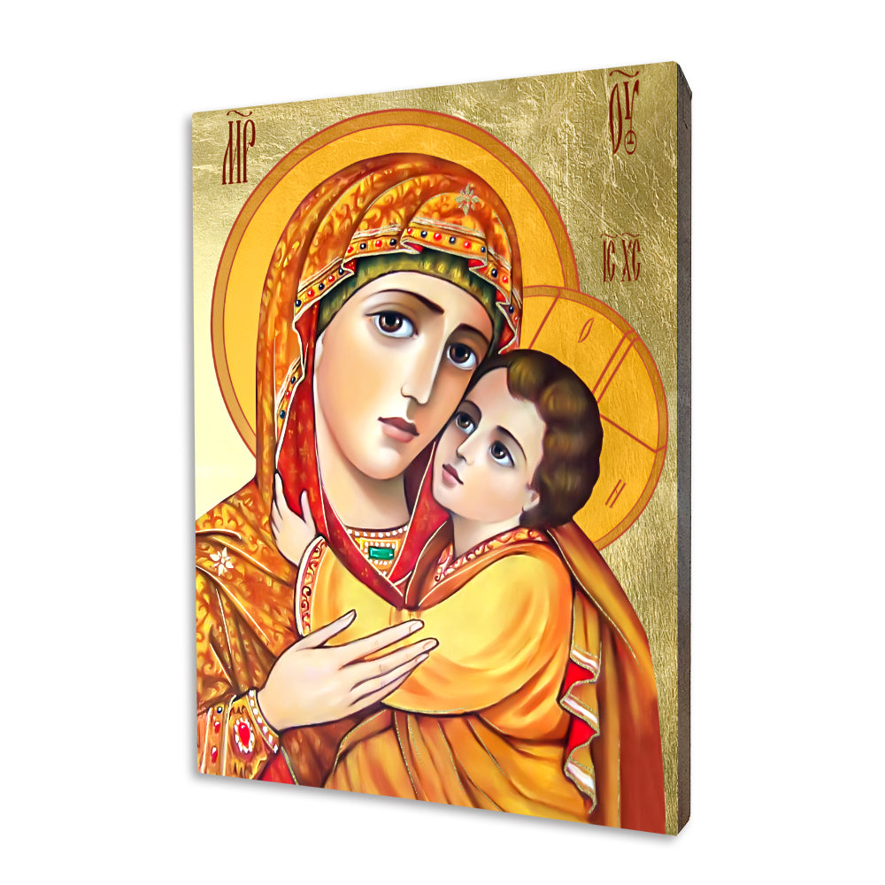 Mother of God of Tenderness religious icon on a hand-gilded wood panel