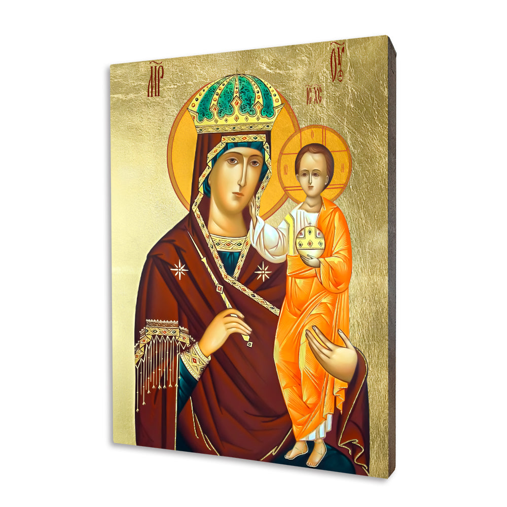Humble Mother of God religious icon on a hand-gilded wood panel