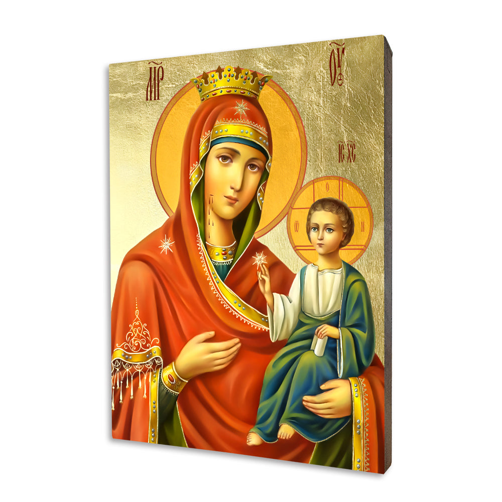 Iveron Mother of God – Crowned Type religious icon on a hand-gilded wood panel