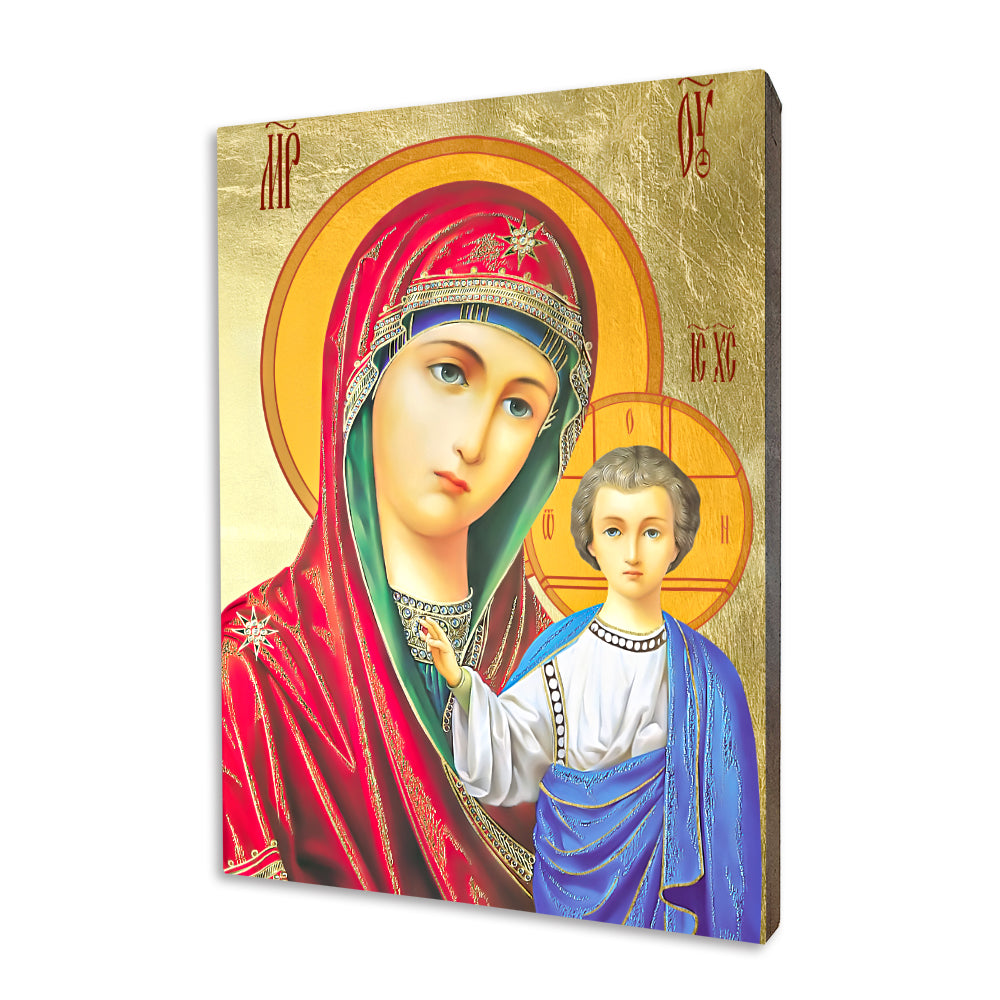 Kazan Mother of God – Red Mantle religious icon on a hand-gilded wood panel