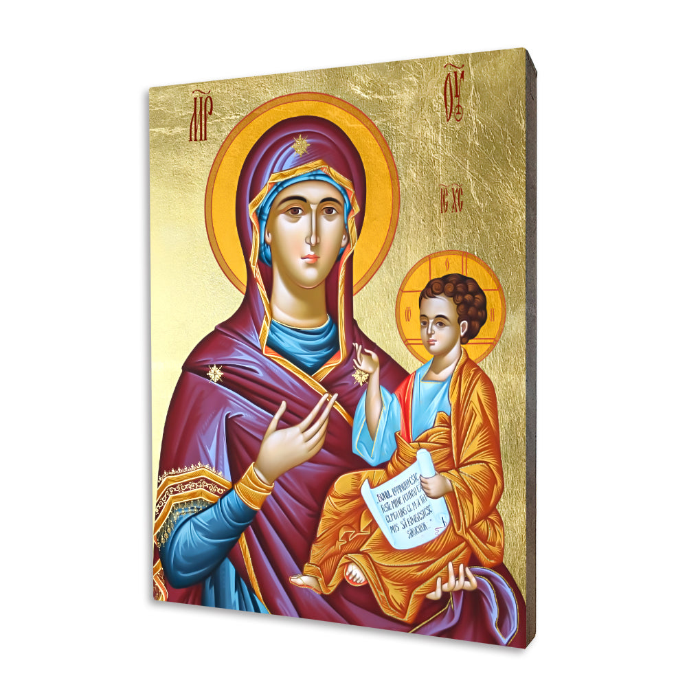 Kazan Mother of God – Blue Mantle religious icon on a hand-gilded wood panel