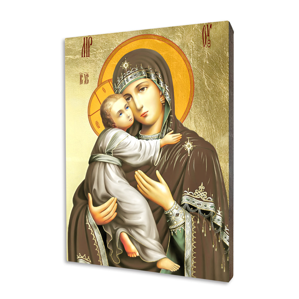 Vladimir Mother of God religious icon on a hand-gilded wood panel