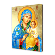 Mother of God in the Blue Mantle religious icon on a hand-gilded wood panel