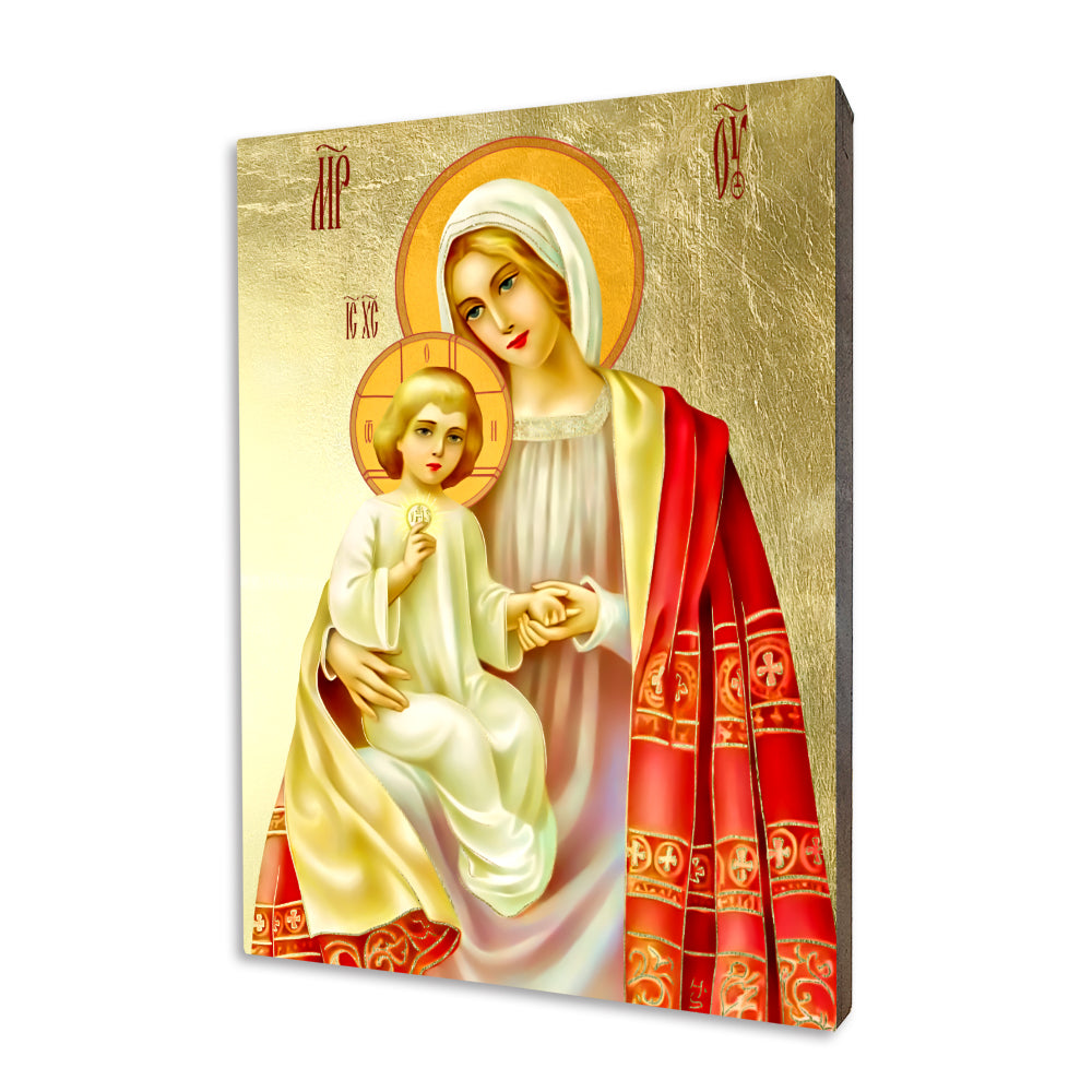 Mother and Child in the Garden religious icon on a hand-gilded wood panel