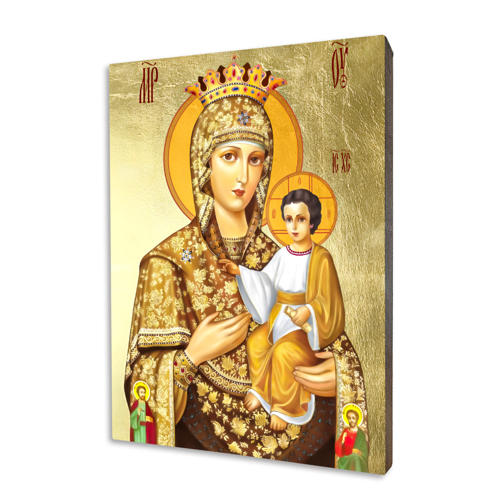 Self-Written Mother of God religious icon on a hand-gilded wood panel