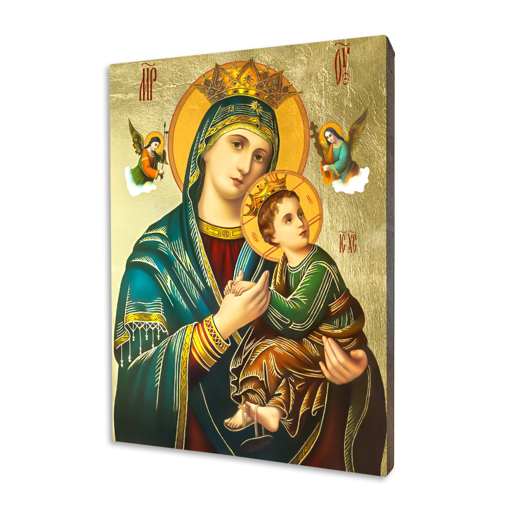 Our Lady of Perpetual Help – Blue Mantle religious icon on a hand-gilded wood panel
