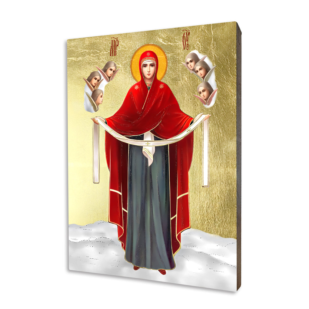 Protecting Veil of the Mother of God religious icon on a hand-gilded wood panel