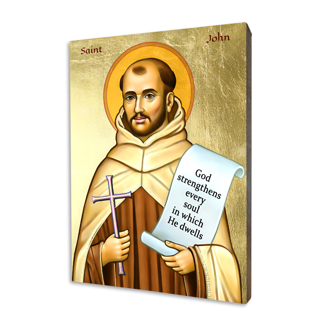 Saint John of the Cross icon in Carmelite habit holding a cross and scroll