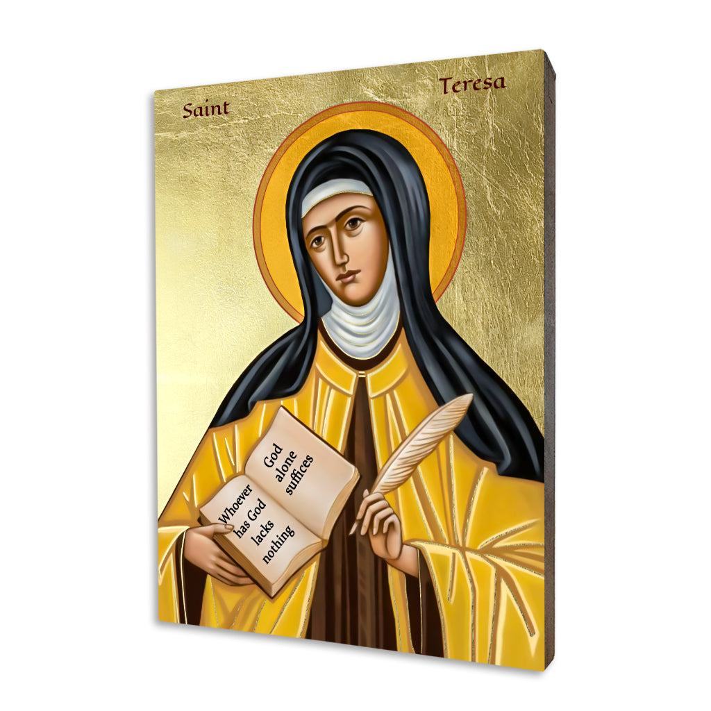 Saint Teresa of Avila icon in Carmelite habit with book and quill