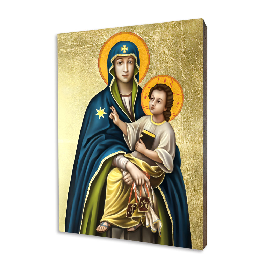 Our Lady of Mount Carmel religious icon on a hand-gilded wood panel