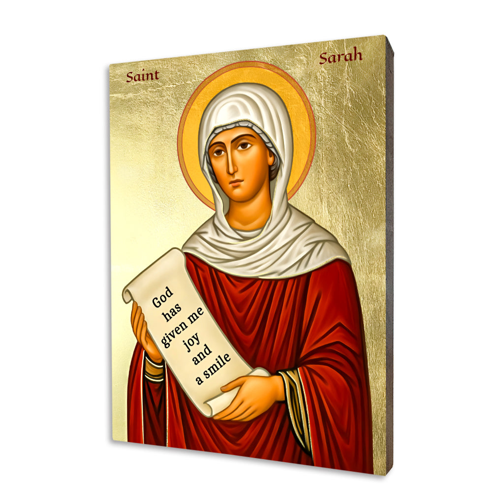 Sarah the Matriarch biblical icon in a red mantle holding a scroll