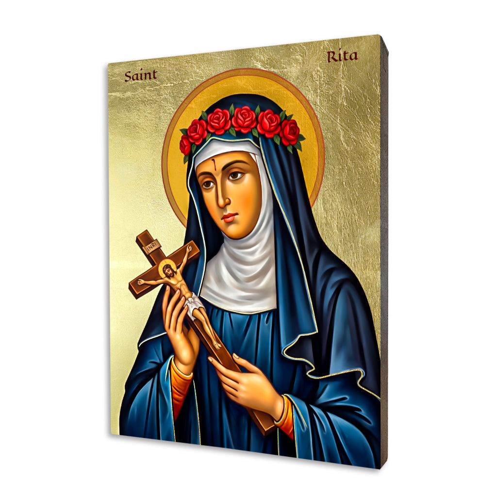 St. Rita of Cascia with Crucifix and Roses icon on a gilded linden wood panel