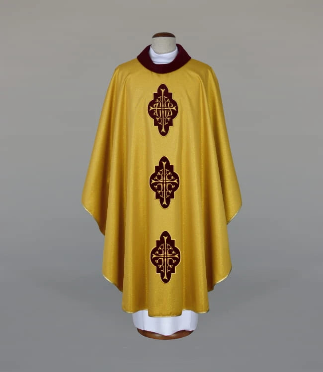 Antique gold chasuble with embroidery and velvet appliqués