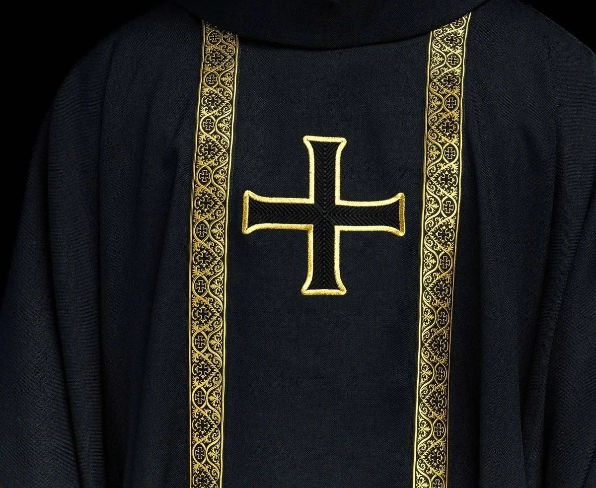Black Chasuble with Cross and Jacquard Bands - full view