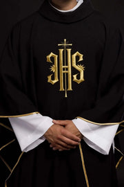 Black Chasuble with Embroidered IHS - full view