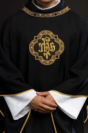 Black Chasuble with Embroidered IHS Medallion - full view