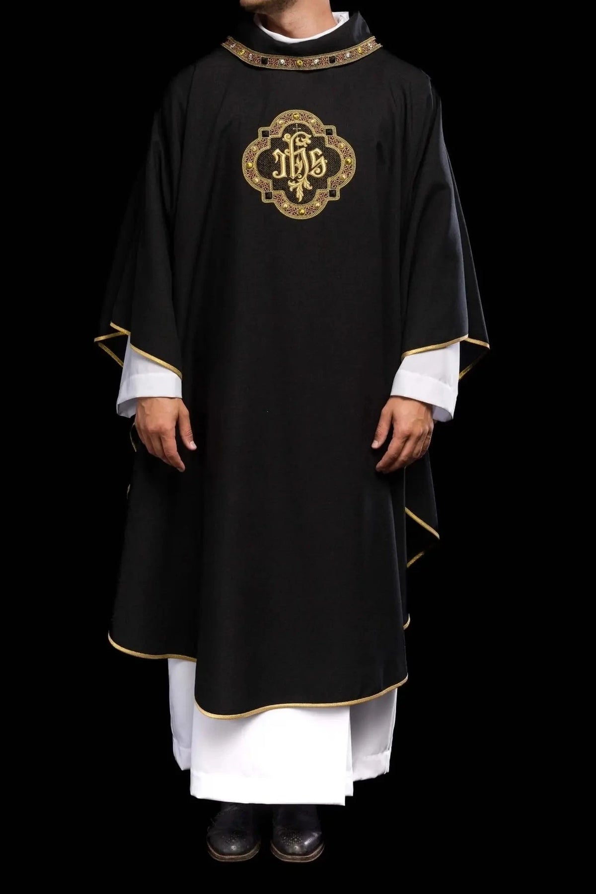 Black Chasuble with Embroidered IHS Medallion - detail 2