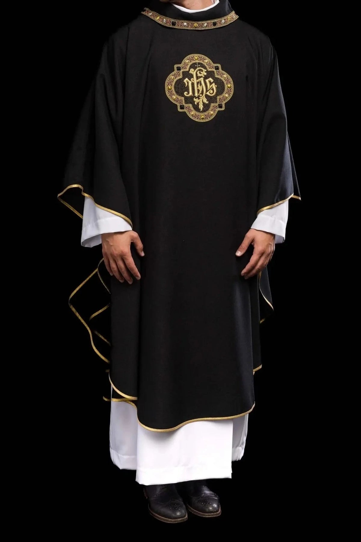 Black Chasuble with Embroidered IHS Medallion - detail 3