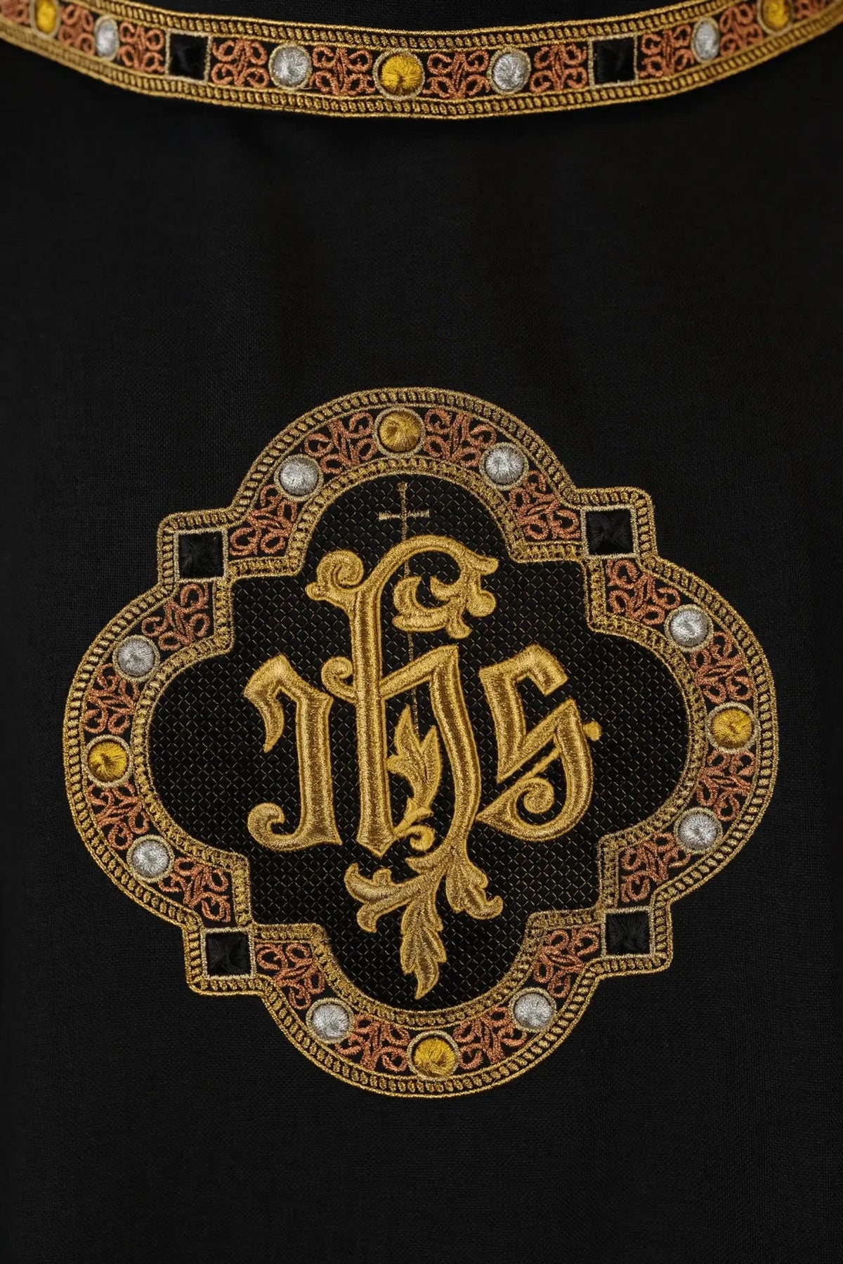 Black Chasuble with Embroidered IHS Medallion - detail 4