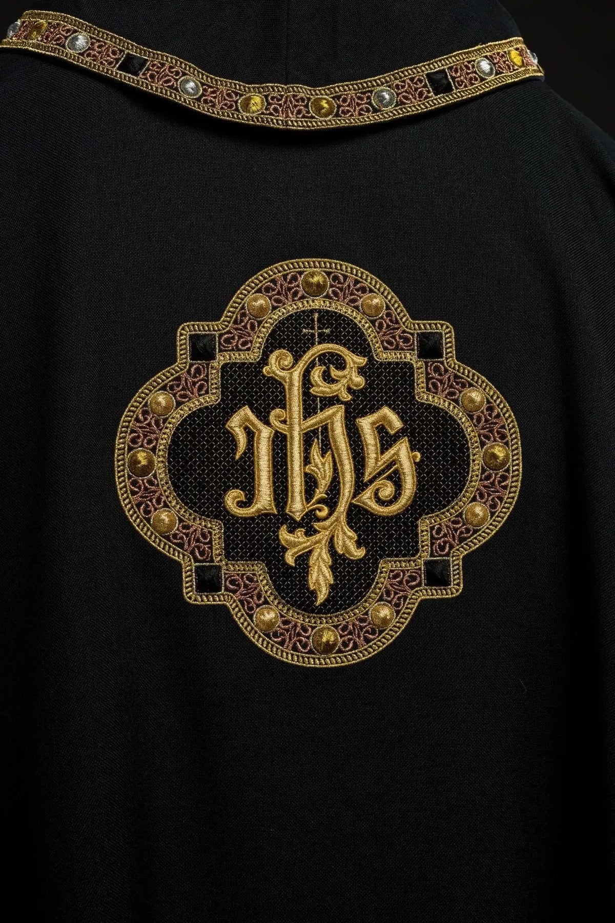 Black Chasuble with Embroidered IHS Medallion - detail 5