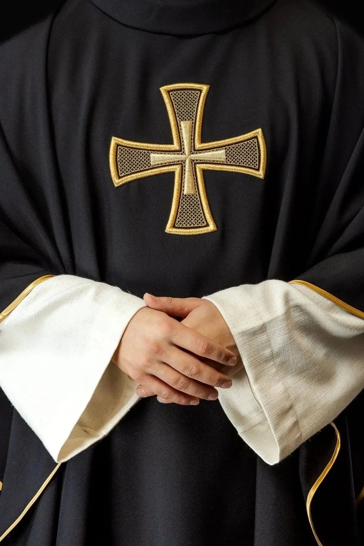 Black Chasuble with IHS and Cross Embroidery - full view
