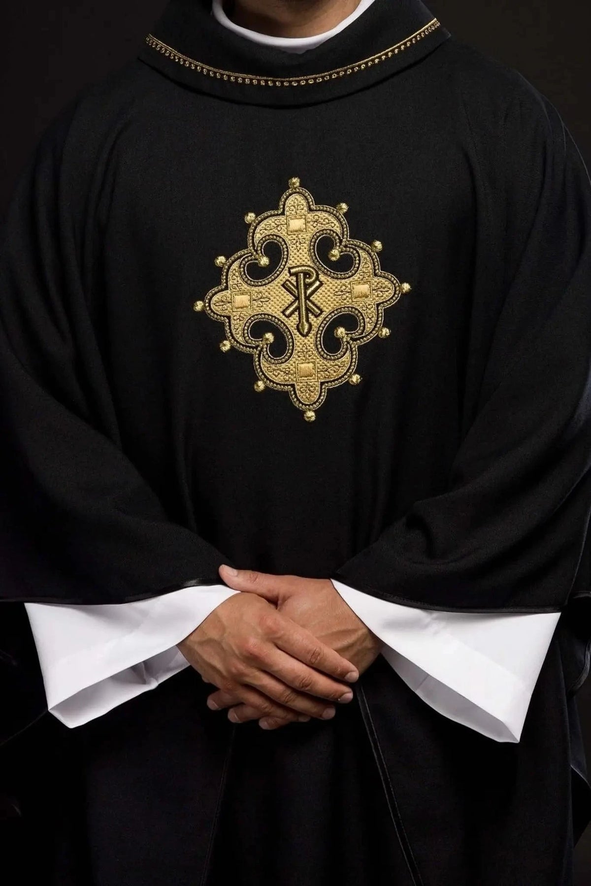 Black Chasuble with Ornamental Gold Cross - full view
