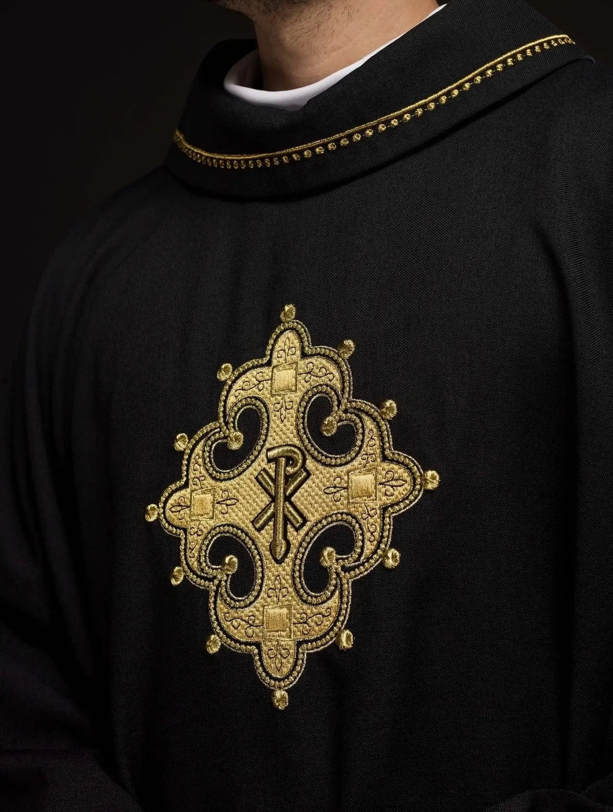 Black Chasuble with Ornamental Gold Cross - detail 3