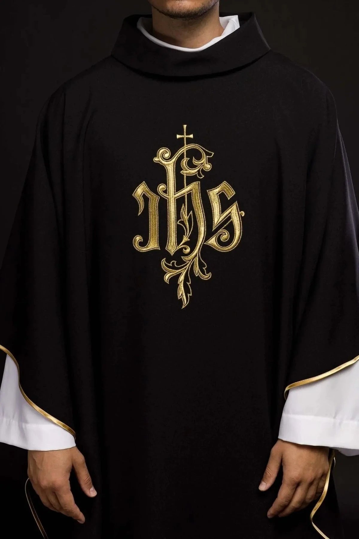 Black Chasuble with Ornamental IHS Embroidery - full view