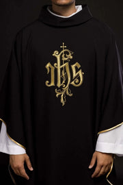 Black Chasuble with Ornamental IHS Embroidery - full view