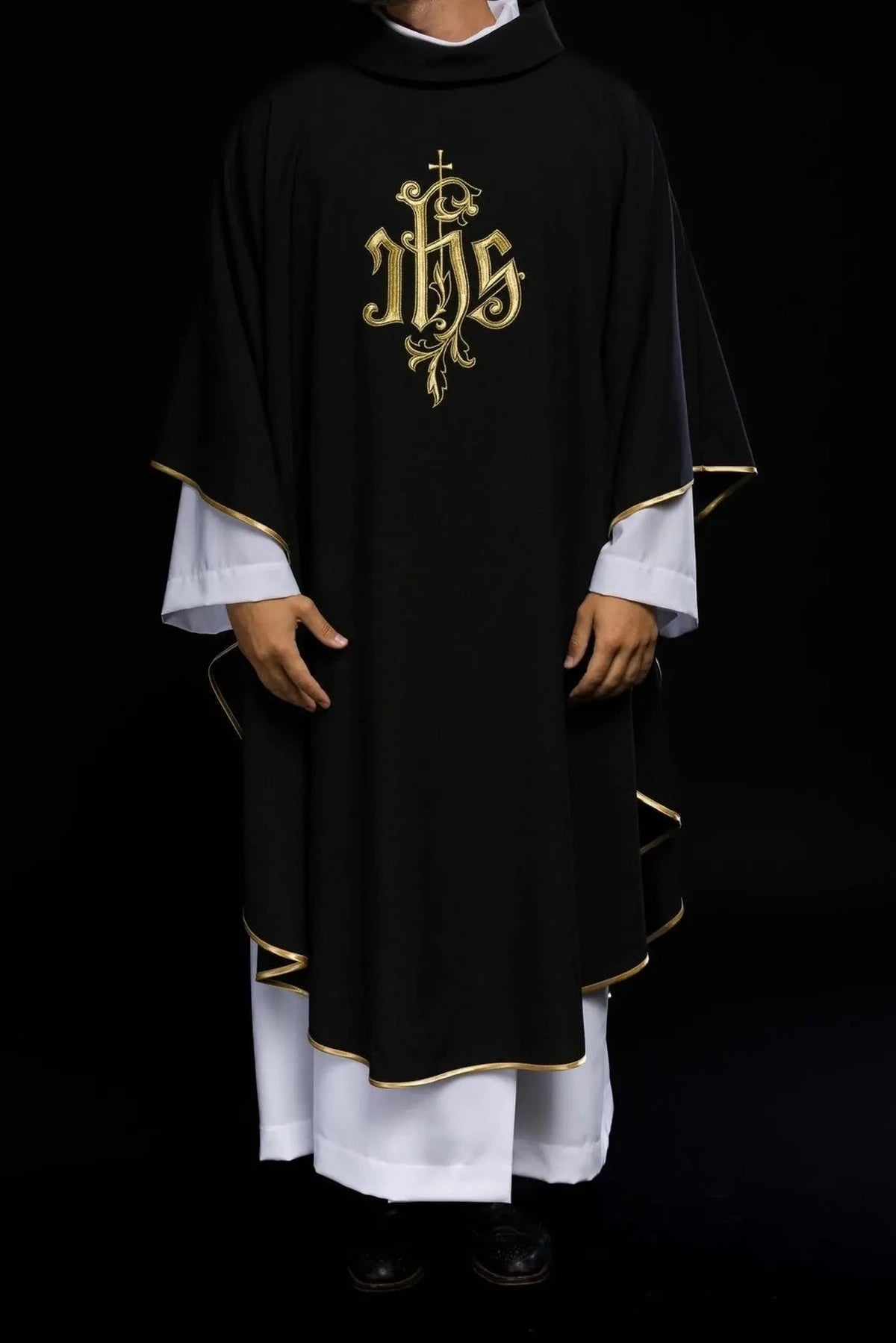 Black Chasuble with Ornamental IHS Embroidery - detail 2