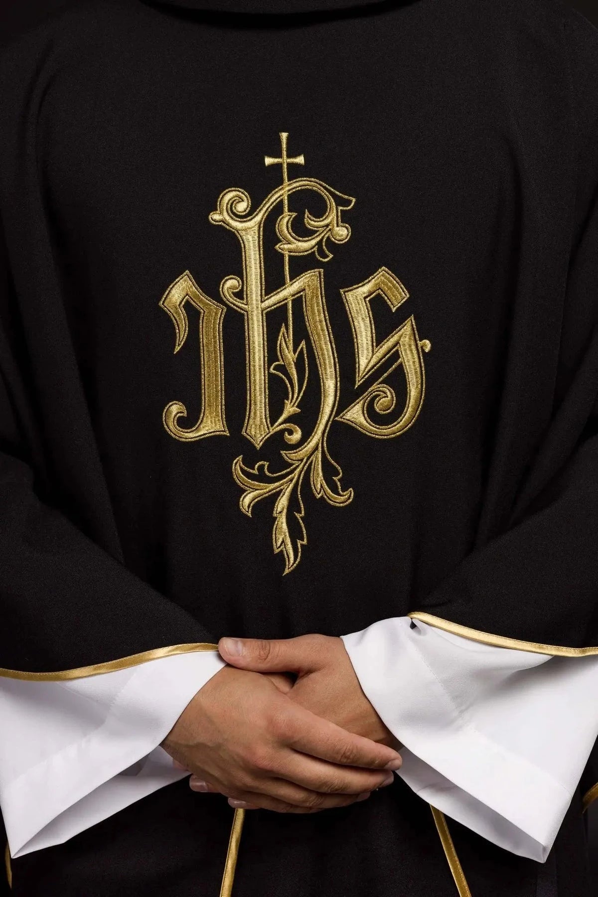 Black Chasuble with Ornamental IHS Embroidery - detail 3