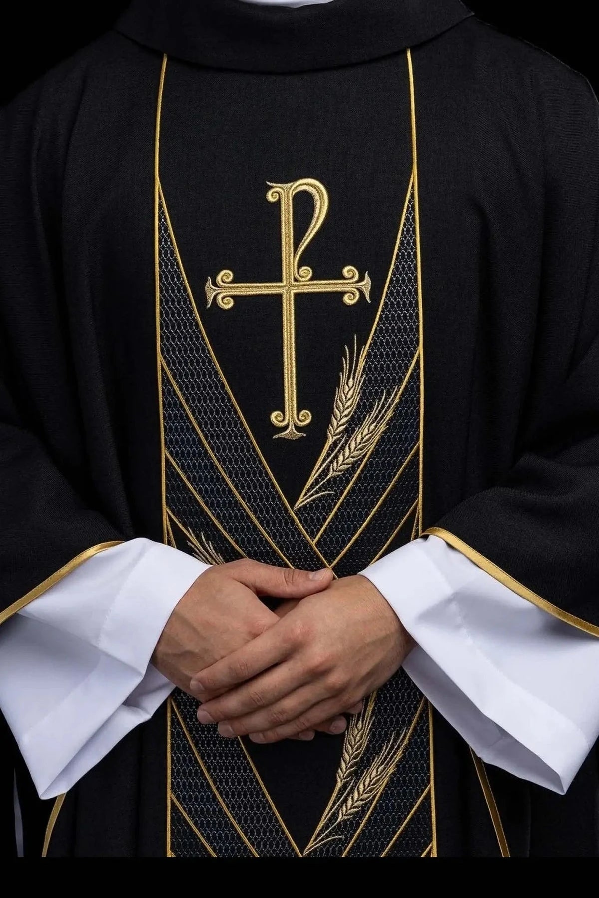 Black Chasuble with PAX and Wheat Embroidery - full view