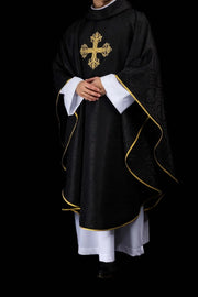 Black Jacquard Chasuble with Embroidered Cross - full view