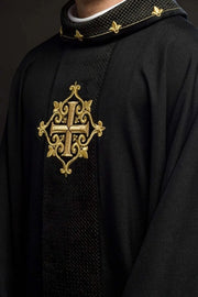 Black Velvet Chasuble with Tonal Cross Embroidery - full view